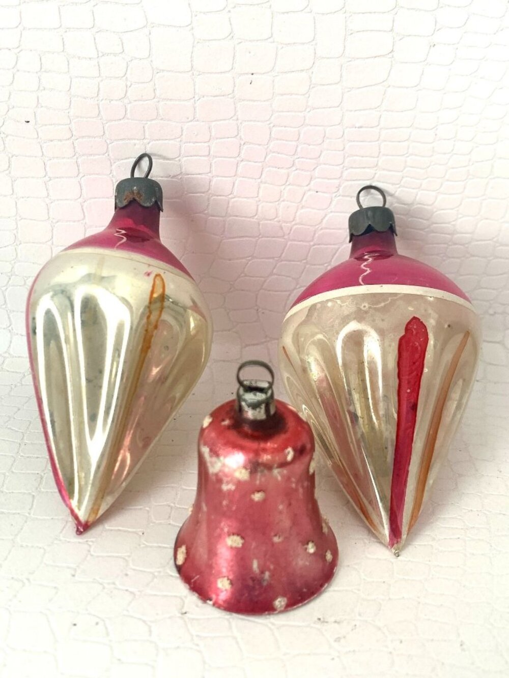 3 Vintage Mercury Glass Christmas Ornaments Hand Painted Teardrop Parachute Bell